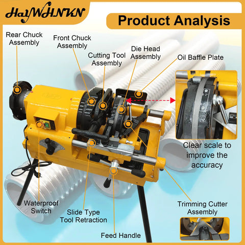 Close-up of Heavy Duty Electric Pipe Threader Cutter Machine components, showcasing die head, cutting tool, and oil baffle plate.