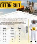 Size chart for Beekeeping Suit For Men And Women With Beekeeper Gloves, 100 Percent Cotton Protective Hive Suit XL shown.