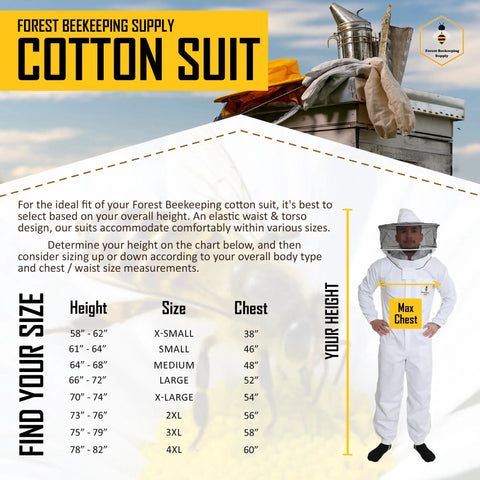 Size chart for Beekeeping Suit For Men And Women With Beekeeper Gloves, 100 Percent Cotton Protective Hive Suit XL shown.