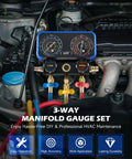 AC Manifold Gauge Set For R134a R12 R22 R502 With 5 Ft Hose installed in automotive engine for diagnostics and service