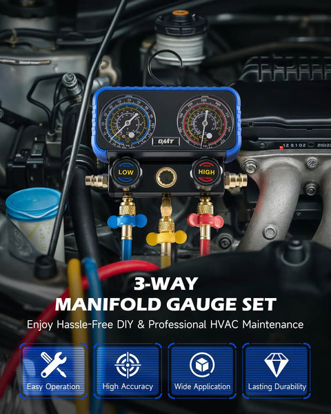 AC Manifold Gauge Set For R134a R12 R22 R502 With 5 Ft Hose installed in automotive engine for diagnostics and service