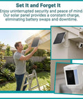Man installing 2-Pack 6W Solar Panel Charger For Outdoor Wireless Security Cameras Battery Powered, Fast Solar Charger For Spotlight Cam And Stick Up Cam on house wall.