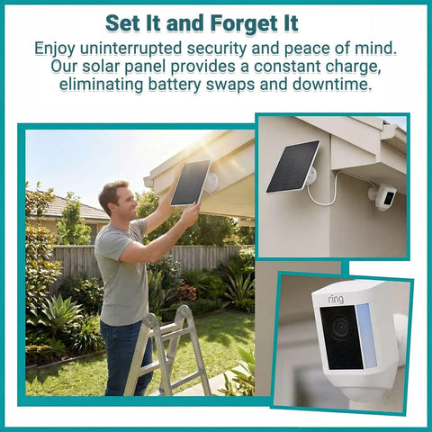 Man installing 2-Pack 6W Solar Panel Charger For Outdoor Wireless Security Cameras Battery Powered, Fast Solar Charger For Spotlight Cam And Stick Up Cam on house wall.