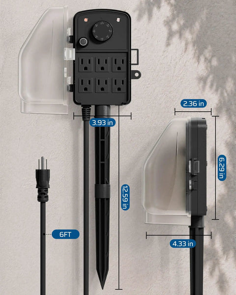 Outdoor Power Stake Timer Equipped With Six Grounded Outlets And An Extended Six Foot Cord Designed For Effortless Backyard Vibes And Landscape Projects featuring dimensions and weatherproof design.
