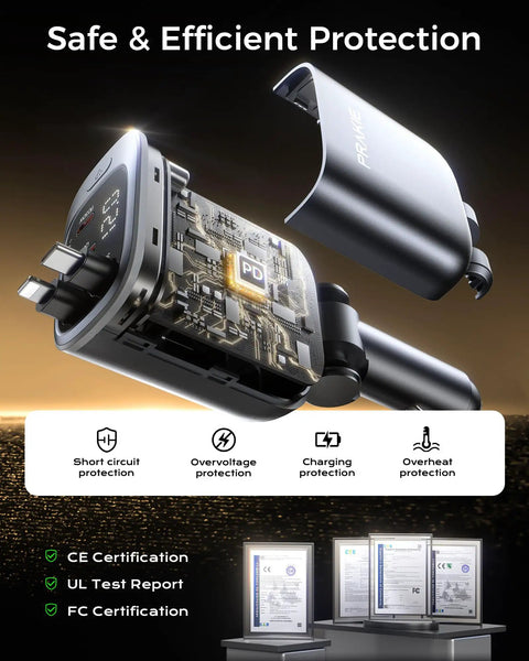 Car USB C Fast Charger With Retractable Cables 4 In 1 showing internal chip and protection features