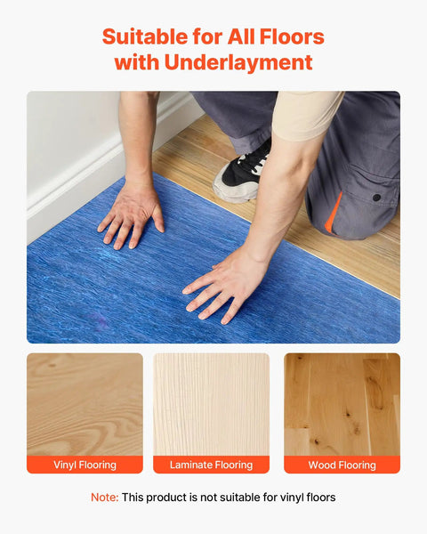 Heavy Duty Floor Underlayment Covers Four Hundred Square Feet featuring integrated vapor barrier, being installed under flooring.