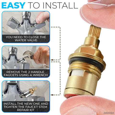 Brass Quarter Turn Faucet Cartridge Replacement Kit Two Pieces Half Inch Thread Twenty Teeth Stem Stops Leaks DIY