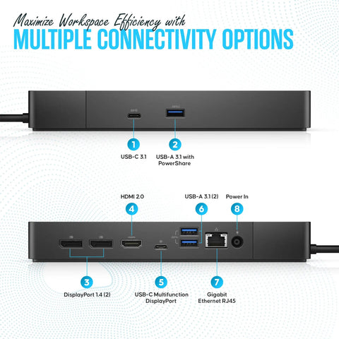 Back of WD19S Dual Monitor Docking Station With 180W Power USB C HDMI And Dual DisplayPort For Laptops showing ports and cables