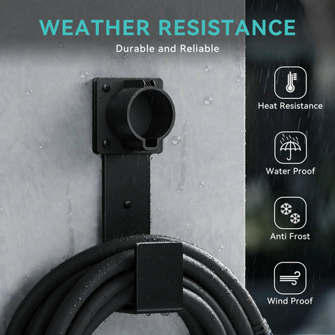 Heavy Duty Stainless Steel EV Charger Holder For J1772 Connectors, featuring a weather-resistant wall mount cable organizer.
