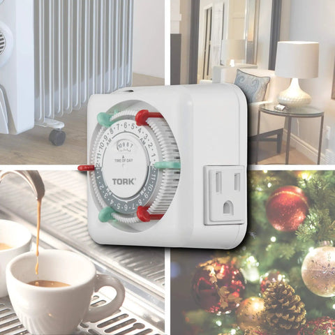 Heavy Duty Indoor Mechanical Appliance Timer With Dual Receptacles Boasts 15 Amp Rating Plus Set It And Forget It Programming For Lamps And Small Household Items close-up with time dial.