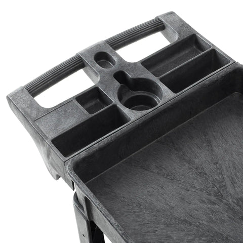 Top view of the tray with compartments on the Beefed Up Heavy Duty Utility Cart On Wheels, 40 By 17 Inches, 550 Lb Capacity, Three Tier Rolling Cart With Four 5 Inch Swivel Casters For Warehouse Garage Cleaning And Heavy Load Organization.