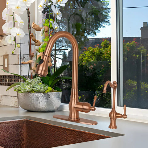 Cold Water Kitchen Water Filter Faucet Brass Body In Antique Copper Finish, 100 Percent Lead Free, High Arc Spout With 360 Degree Rotation in modern kitchen