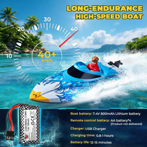 High Speed RC Boat For Pools And Lakes With LED Lights 25 KPH Remote Racing Speed Boat shown racing on water