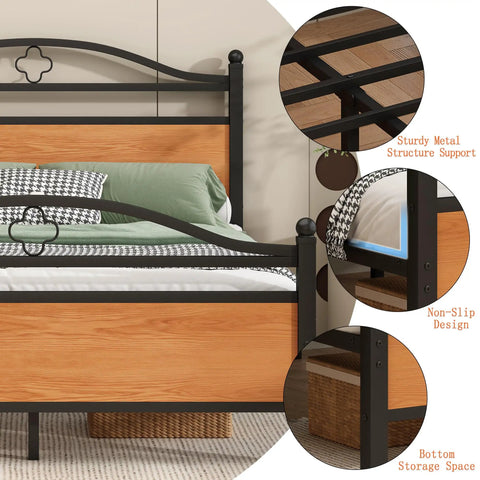Close-up of Rock Solid Full Bed Frame With Integrated Headboard, featuring sturdy metal support and bottom storage space.