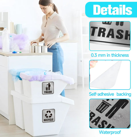 Image showing 2 Pack Brushed Silver Trash And Recycling Stickers with self adhesive waterproof backing on kitchen trash cans.