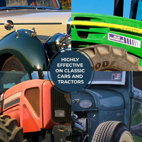 Image of classic cars and tractors showing the use of All In One Heavy Duty Rust Inhibitor For Metal And Wood And Paint Conditioner 34 Oz Prevents Corrosion Improves Paint Flow And Adhesion Smooth Application Heat Resistant Protection For Metal Machinery And Industrial Equipment.