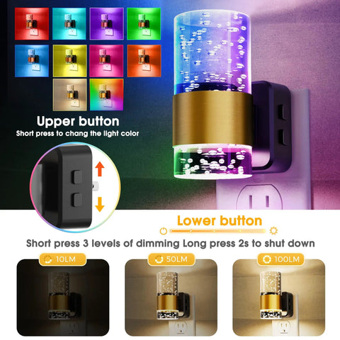 LED Night Light 2-Pack Dimmable Wall Plug Night Lights With Remote Control RGB Color Changing LEDs Dusk To Dawn Sensor Acrylic Bubble