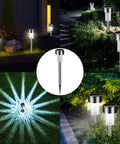 Collage of 12 Pack Solar Garden Lights Waterproof Path Lights Stainless Steel LED Outdoor Lighting illuminating paths and gardens