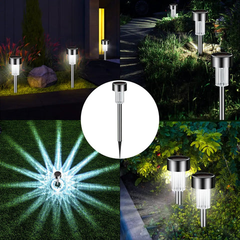 Collage of 12 Pack Solar Garden Lights Waterproof Path Lights Stainless Steel LED Outdoor Lighting illuminating paths and gardens