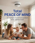 Set It And Forget It Peace Of Mind With This 10 Year Photoelectric Smoke Detector mounted in a bright living room with family.