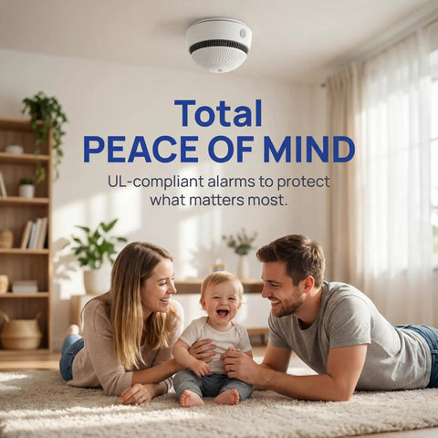 Set It And Forget It Peace Of Mind With This 10 Year Photoelectric Smoke Detector mounted in a bright living room with family.