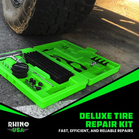 86 Piece Tire Repair Kit For Punctures And Flats Heavy Duty Tubeless Tire Tools for Car, Motorcycle, ATV, and Trailer in green case