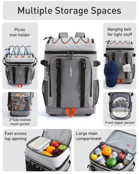 Rolling Cooler Backpack For 50 Cans With Dual Deck And Dual Bar Handles Soft Travel Cooler Bag With Wheels 30L Beach Cooler Telescoping Handle Up To 39.5 Inches Black, shown with multiple storage compartments and pockets