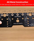 Pro Grade Aluminum Shelf Pin Jig One Quarter Inch Drill Guide For Straight Holes Cabinet Hardware And Woodworking Projects Durable And Precise Ideal For Cabinets Shelves Furniture And Home DIY Projects With Quick Setup And Accurate Drilling, showing a black all-metal construction with 32mm hole spacing.