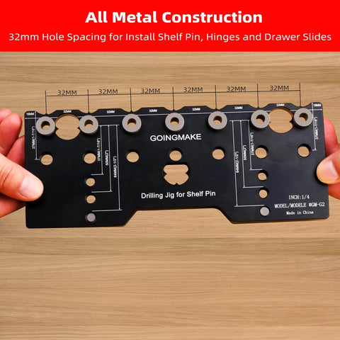 Pro Grade Aluminum Shelf Pin Jig One Quarter Inch Drill Guide For Straight Holes Cabinet Hardware And Woodworking Projects Durable And Precise Ideal For Cabinets Shelves Furniture And Home DIY Projects With Quick Setup And Accurate Drilling, showing a black all-metal construction with 32mm hole spacing.