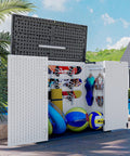Heavy Duty HDPE Outdoor Storage Box 41 Cu Ft 160 Gallon Waterproof Lockable Deck Box with open doors showing stored gear.