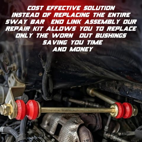 Beefed-Up Three Eighths Inch Universal Sway Bar End Link Repair Kit For A Pair Of Links Includes Code Red Grommets Washers And Nuts Fully Restores Bushings Made In USA For Reliable Suspension Performance installed on sway bar link
