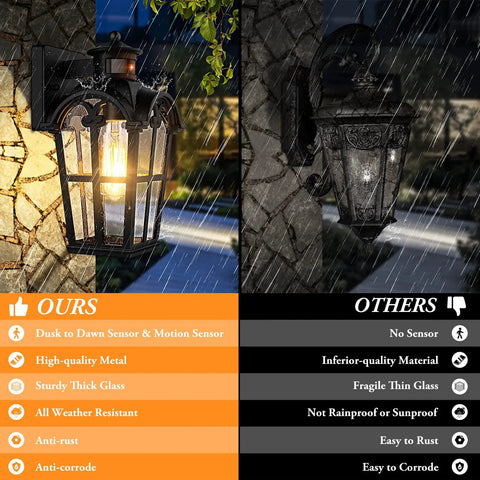Comparison of Two Pack Motion Sensor Outdoor Wall Lights Dusk To Dawn Waterproof Lanterns with competitor's inferior quality lantern