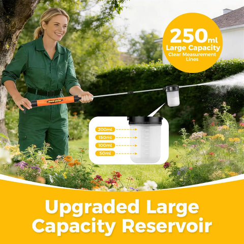 Person using Diatomaceous Earth Duster With Adjustable 4 Foot Rod And Air Pump For Easy Powder Dispensing in a garden