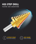 Close-up of the HSS drill bit from 6 Piece Step Drill Bit Set With Automatic Center Punch High Speed Steel Drill Bits With 50 Size Range