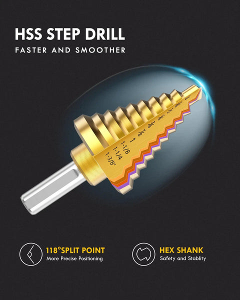 Close-up of the HSS drill bit from 6 Piece Step Drill Bit Set With Automatic Center Punch High Speed Steel Drill Bits With 50 Size Range