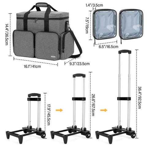 Rolling Scrapbook Tote On Wheels With Detachable Trolley And Bottom Wooden Board, gray, with two detachable pouches, detailed dimensions