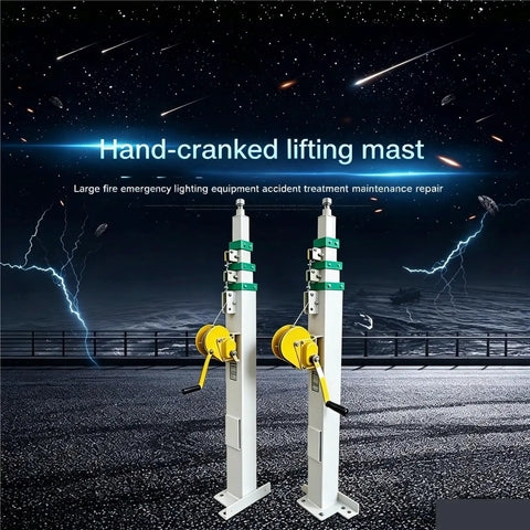 Badass Aluminum Telescopic Mast Extending Three To Nine Meters Tall Slick Hand Crank Winch Rig For Live Stream Cameras And Satellite Antennas Always Ready with hand crank and yellow pulley, set against a night sky.
