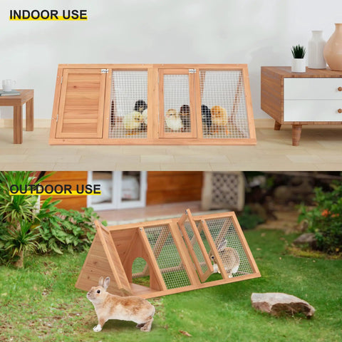 Outdoor Rabbit Hutch And Chicken Coop With Ventilated Wire Run And A Frame Design indoors and outdoors, wooden cage in use