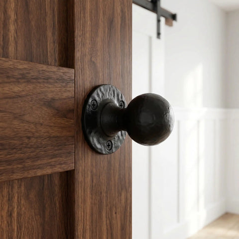 2 Pack Black Cast Iron Barn Door Handles Round Vintage Distressed Texture With Ergonomic Grip fits farmhouse sliding doors.