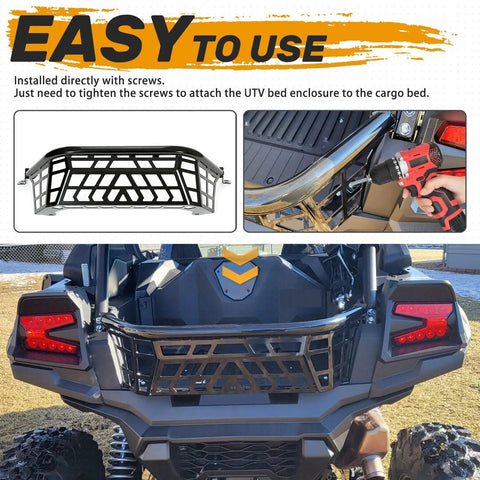 Heavy Duty Steel Cargo Barricade Tailgate Compatible With 2020 To 2025 Kawasaki Teryx KRX 1000 And 2023 To 2025 KRX4 1000 UTV installed on cargo bed.