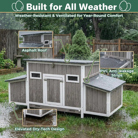 Ultimate 62 Inch Chicken Coop For 2 To 4 Chickens With Four Nesting Boxes Roosting Bars Openable Waterproof Roof Lockable Doors And Pull Out Tray Weatherproof Outdoor Fir Wood Hen House With Lockable Ladder Door Ramp Security showcased in wet environment with asphalt roof and anti-leakage strips visible.
