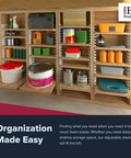 Made In USA Eight Pack Adjustable Shelf Brackets For One Row Storage Built For DIY Shelves You Supply The Wood For A Custom Fit Shelving System That Keeps Items Visible And Easy To Access in a wooden setup with various stored items.
