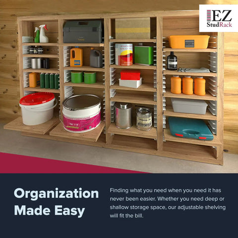 Made In USA Eight Pack Adjustable Shelf Brackets For One Row Storage Built For DIY Shelves You Supply The Wood For A Custom Fit Shelving System That Keeps Items Visible And Easy To Access in a wooden setup with various stored items.