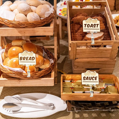 50 Pack Plastic Sign Holder Clips With Swivel Rotatable Ball Joint Design For Price Tags, Double Clip Display Clips For Retail Shelves And Store Displays, Perfect For Supermarkets, Boutiques, Offices bread, toast, and sauce labels on bakery display baskets