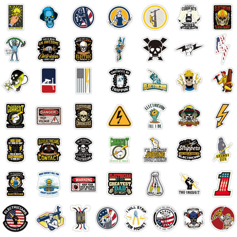 Dope Electrician Stickers Pack For Hard Hats And Everyday Gear 50 Waterproof Vinyl Decals with unique electrical designs.