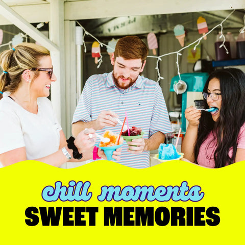 Group enjoying colorful sno cones using Sturdy Electric Shaved Ice Machine And Sno Cone Maker For Home that cracks cubes into powdered snow.