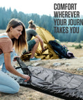 Woman setting up Three Season XXL Backpacking Sleeping Bag For Adults And Kids, Lightweight And Water Resistant, Ultra Comfortable