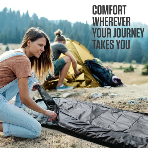 Woman setting up Three Season XXL Backpacking Sleeping Bag For Adults And Kids, Lightweight And Water Resistant, Ultra Comfortable