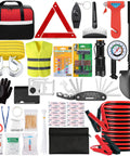 Grab And Go Car Roadside Emergency Kit With Jumper Cables Tow Rope Folding Shovel Safety Hammer Reflective Warning Triangle And Essential Tools For Any Driver Ready For Breakdowns And Roadside Situations For Men Women And Teens. Shown packed with tools, cables, and safety items.