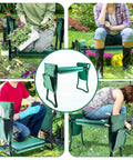 Collage of people using a Foldable Garden Kneeler And Seat With Tool Pouches, Lightweight Multiuse Bench With Soft Kneeling Pad outdoors